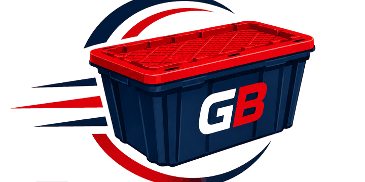 A navy GoBoxless moving tote with a red lid